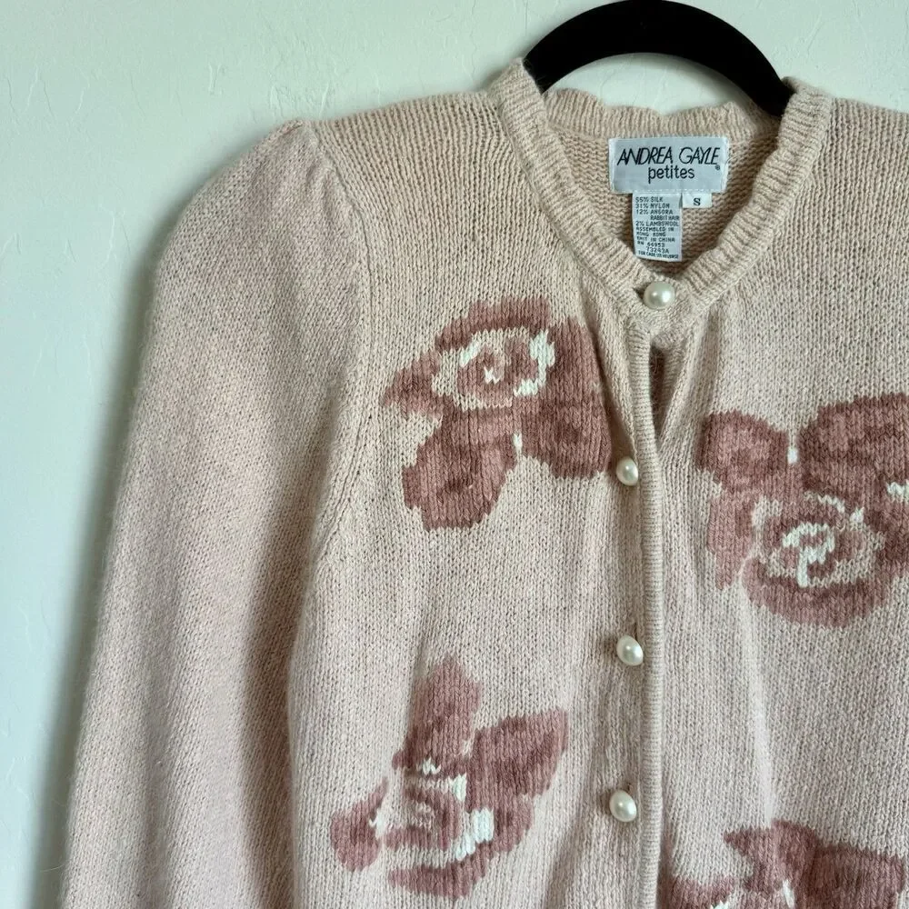 Andrea Gayle Vintage Sm Silk Wool Blend Pink Coquette Pearl Button Up Cardigan